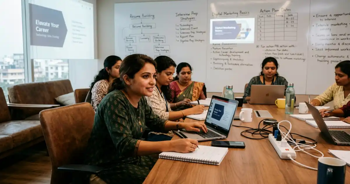 A woman attending a skill-development or career training session, using a laptop and taking notes, with a positive and confident expression.